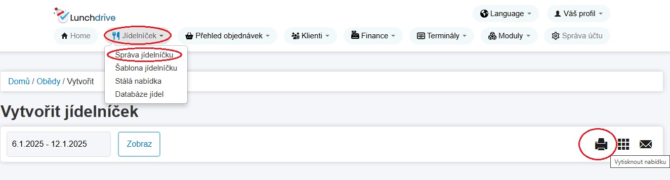 Ikona tiskárny u zvoleného data vygeneruje jídelníček v PDF