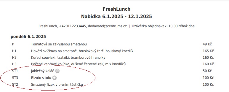 Zveřejněný jídelníček s řádky stálé nabídky