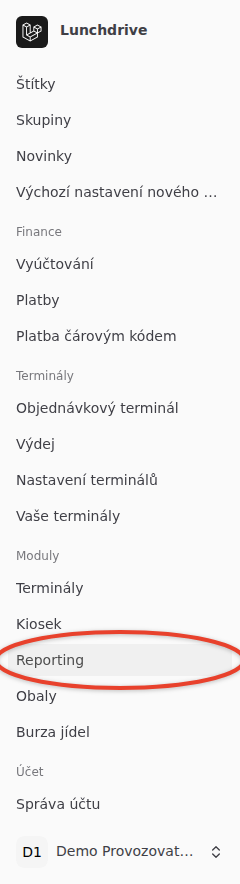 Levý panel nového vzhledu se zvýrazněnou položkou Reporting ve skupině Moduly