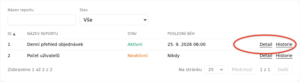 Reportovací centrum se zvýrazněnými odkazy Detail a Historie u řádku reportu