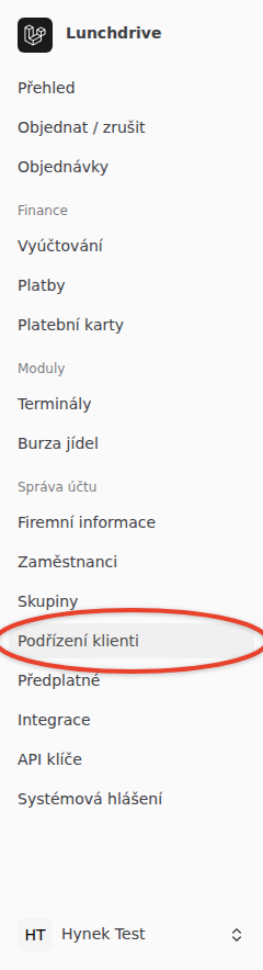 Postranní panel s vyznačenou položkou Podřízení klienti v části Správa účtu