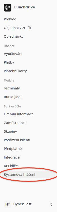Postranní panel se zvýrazněnou položkou Systémová hlášení v části Správa účtu