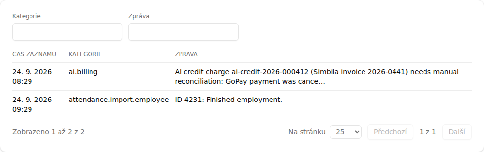 Tabulka Systémová hlášení se sloupci Čas záznamu, Kategorie a Zpráva, pár řádků se záznamy