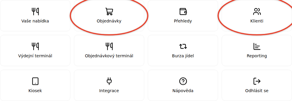 Mřížka dlaždic s rychlými odkazy na Přehledu, s vyznačenými dlaždicemi Objednávky a Klienti