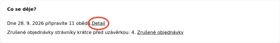 Box Co se děje? s příkladem hlášky o zítřejších obědech a vyznačeným odkazem Detail
