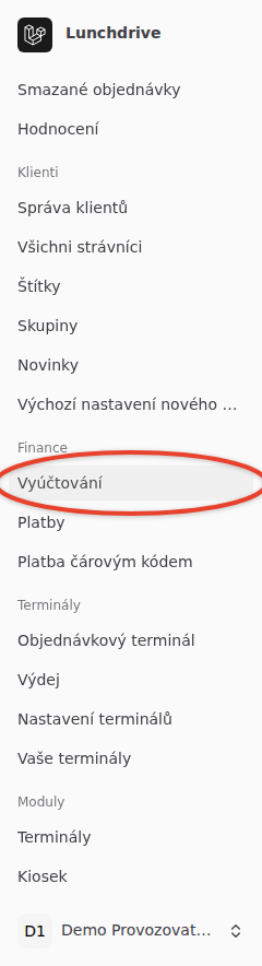 Postranní nabídka provozovatele se zvýrazněnou položkou Vyúčtování ve skupině Finance