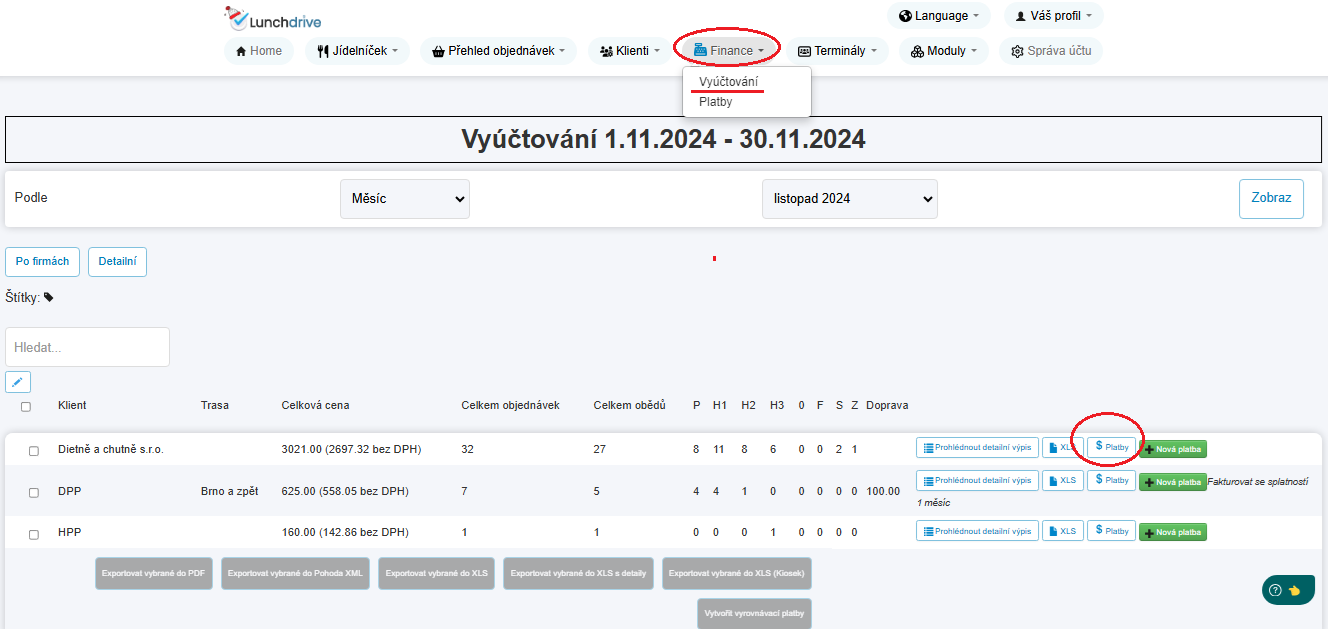 Původní obrazovka Vyúčtování s tabulkou klientů, u každého tlačítkem $ Platby a odkazem Prohlédnout detailní výpis; pod tabulkou tlačítka pro export do PDF, XLS, Pohoda XML a vytvoření vyrovnávacích plateb