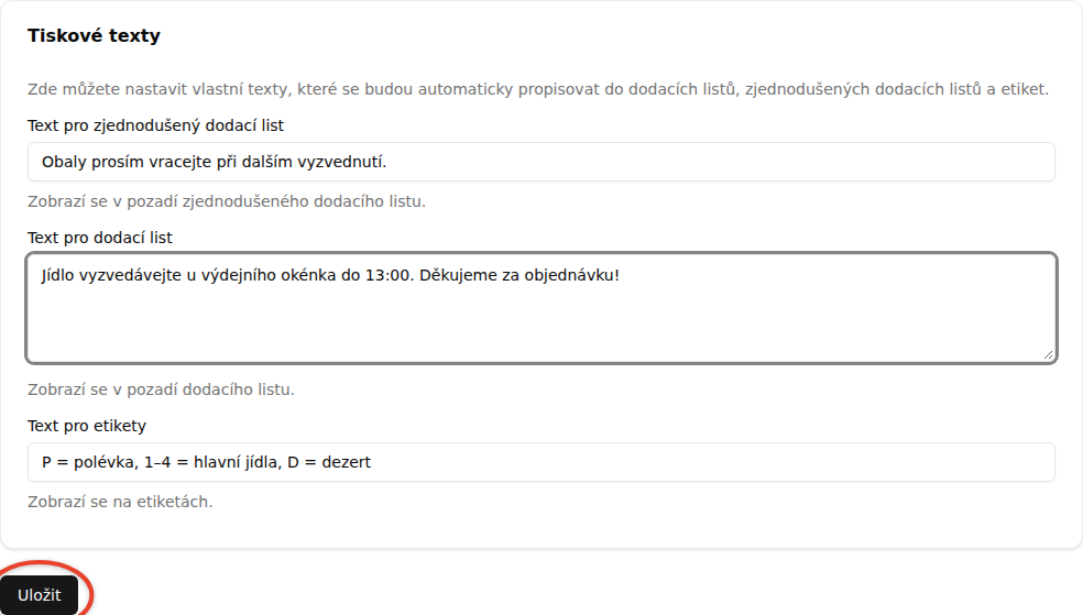 Karta Tiskové texty se třemi vyplněnými poli a zvýrazněným tlačítkem Uložit