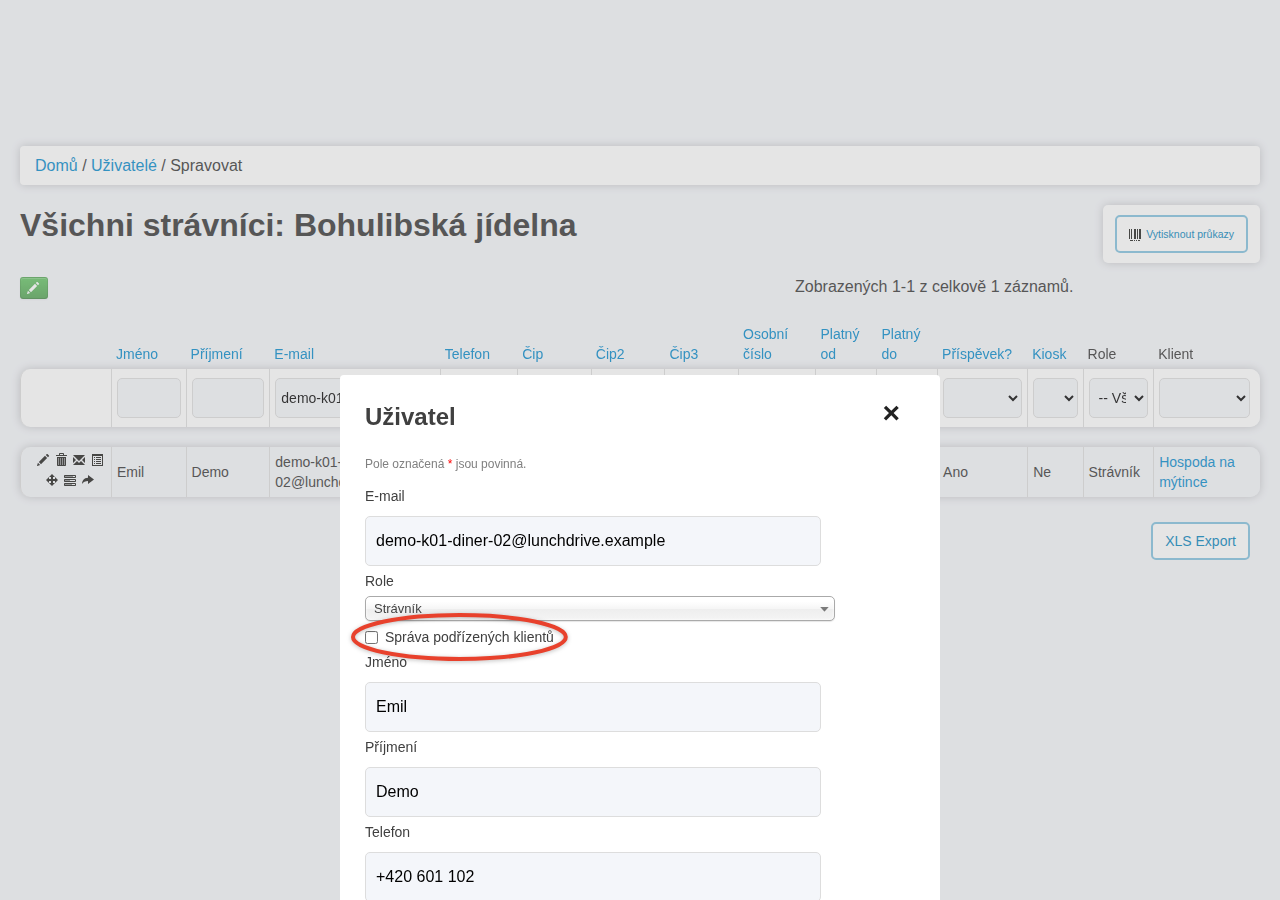 Úprava strávníka klienta Hospoda na mýtince se zaškrtávátkem Správa podřízených klientů