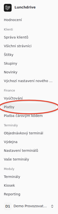 Levý panel nového vzhledu s vyznačenou položkou Platby ve skupině Finance